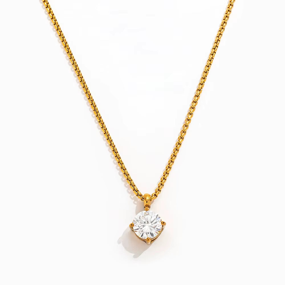Joolim Jewelry 18K Gold Plated Waterproof Fashion Simple Classic round Zirconia Pendant Necklace Stainless Steel Jewelry