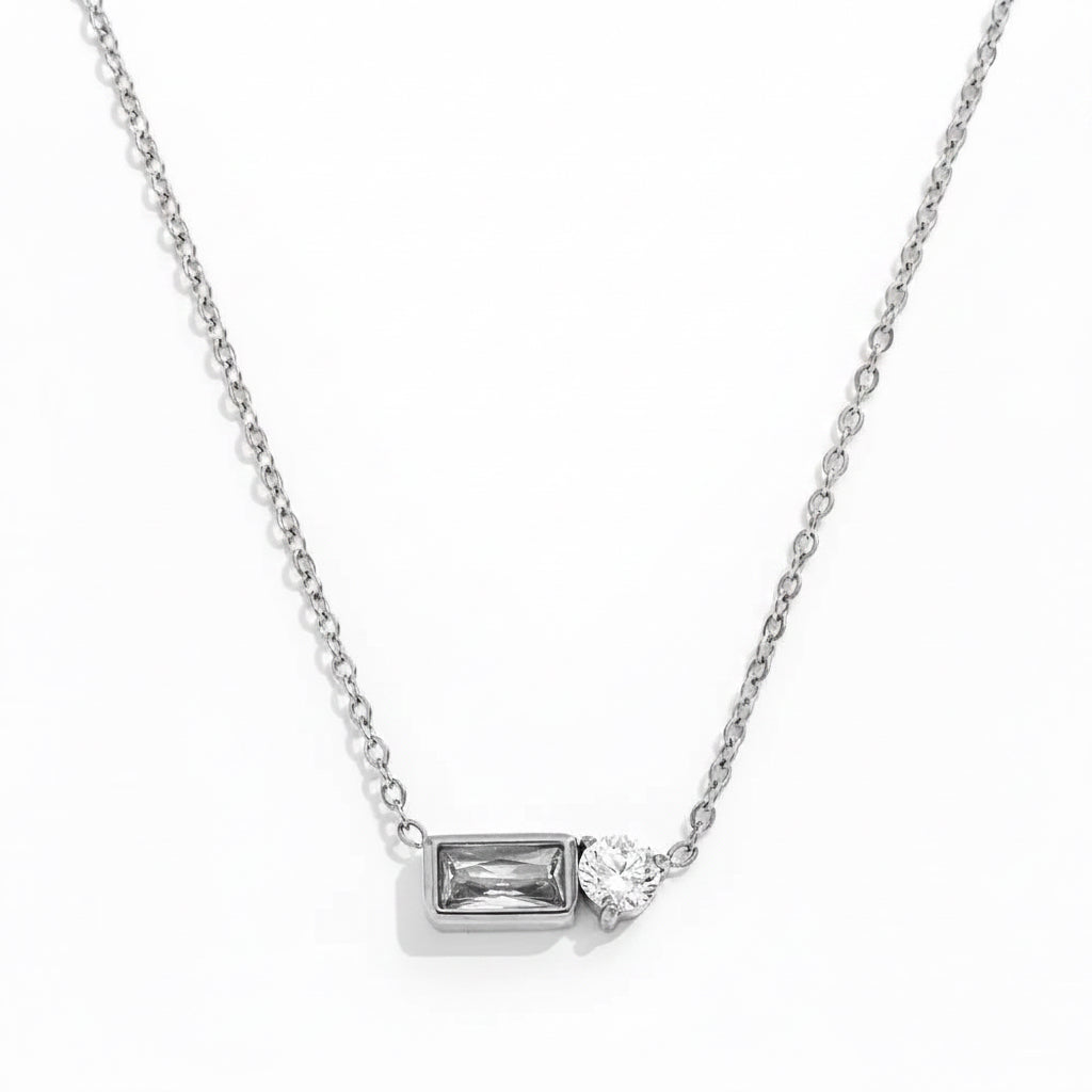 Joolim Jewelry 18K Gold Plated Waterproof Fashion Versatile Rectangle&Round Zirconia Pendant Necklace Stainless Steel Jewelry