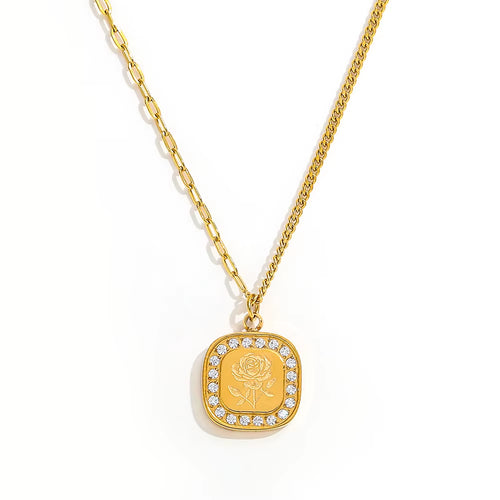 Joolim Jewelry 18K Gold Plated Waterproof Fashion Hand-Painted Rose Zirconia Square Pendant Necklace Stainless Steel Jewelry