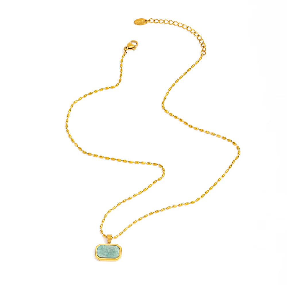 Joolim Jewelry 18K Gold Plated Waterproof Fashion Simple Green Natural Stone Pendant Necklace Stainless Steel Jewelry