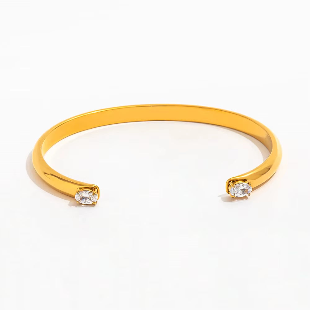 High End 18K Gold Plated Double Waterdrop Zircon Cuff Bangle Bracelet Stainless Steel Gold Jewelry