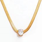 Joolim Jewelry 18K Gold Plated Waterproof Fashion Oval Zirconia Pendant Snake Bone Chain Necklace Stainless Steel Jewelry