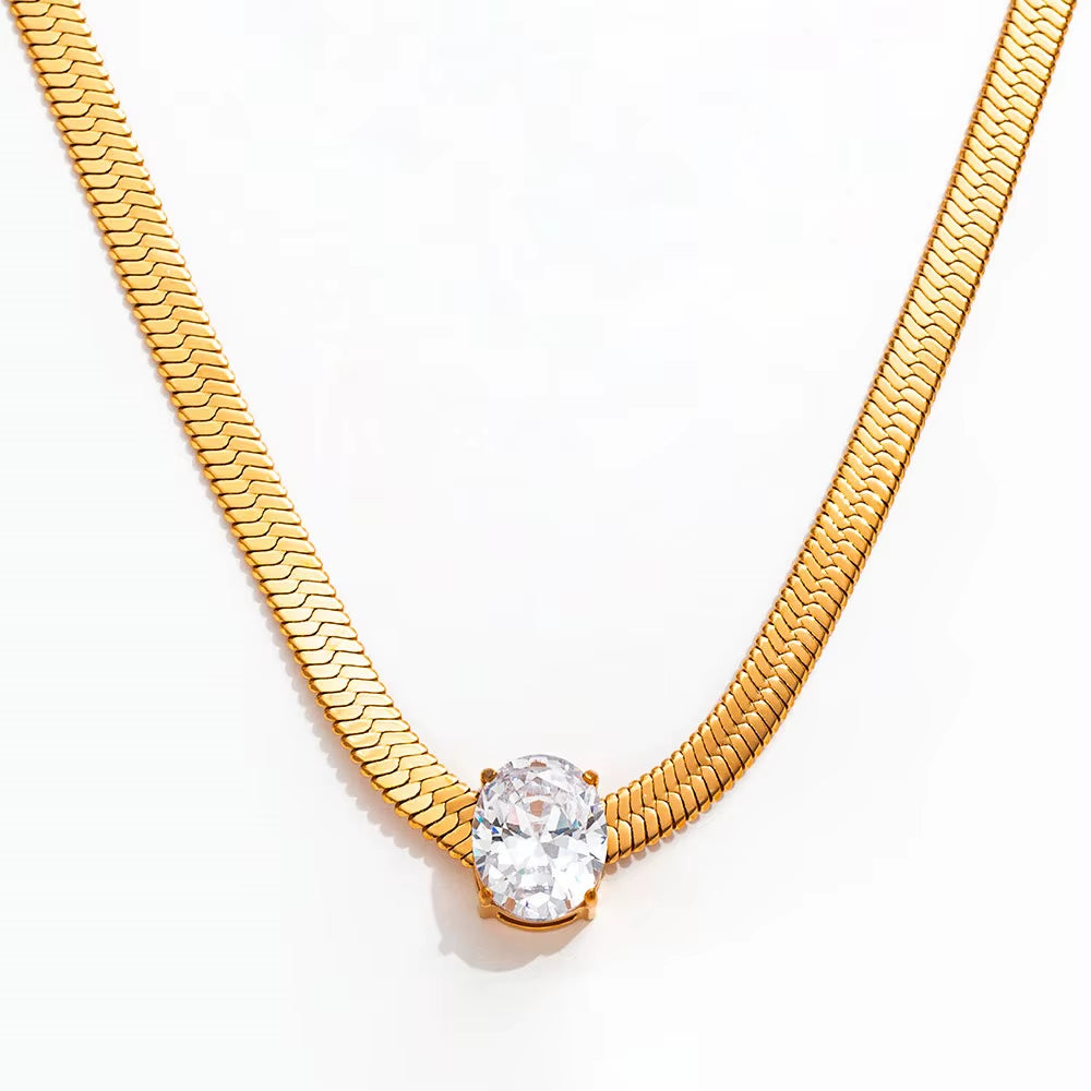 Joolim Jewelry 18K Gold Plated Waterproof Fashion Oval Zirconia Pendant Snake Bone Chain Necklace Stainless Steel Jewelry