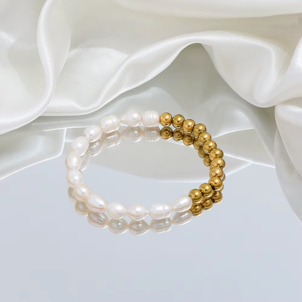 Joolim Jewelry Wholesale 18K Gold Plated High End Freshwater Pearl Bead Mixed Bracelet Stainless Steel Jewelry
