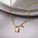Joolim Jewelry 18K Gold Plated Vintage Rectangle Shell round Zirconia Pendant Snake Chain Necklace Stainless Steel Jewelry