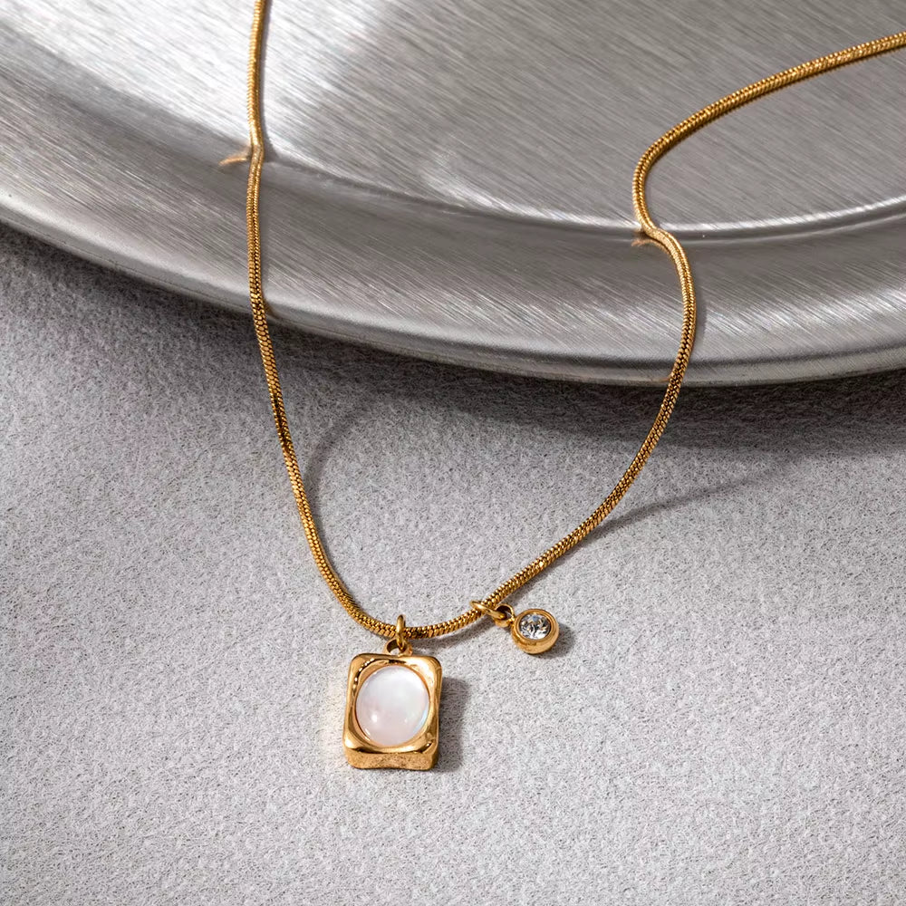 Joolim Jewelry 18K Gold Plated Vintage Rectangle Shell round Zirconia Pendant Snake Chain Necklace Stainless Steel Jewelry