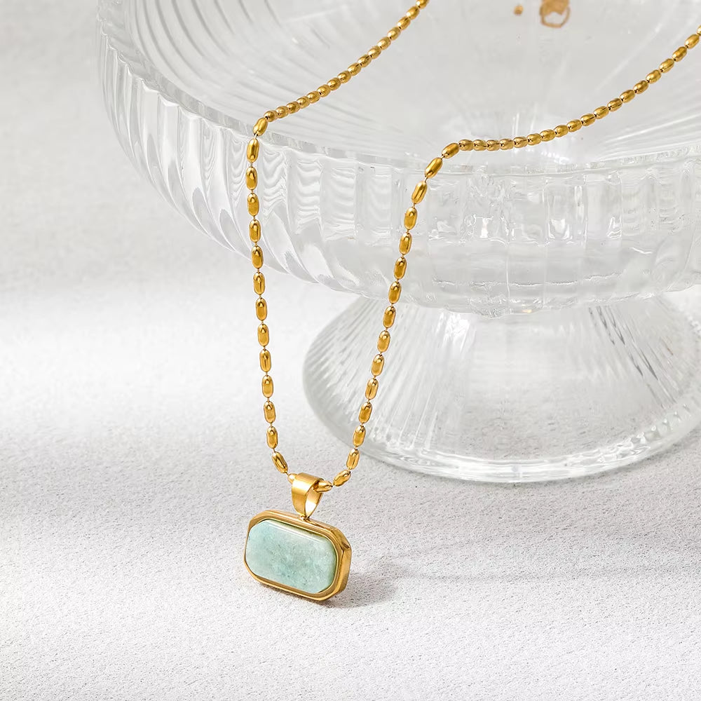 Joolim Jewelry 18K Gold Plated Waterproof Fashion Simple Green Natural Stone Pendant Necklace Stainless Steel Jewelry