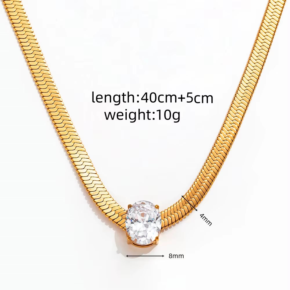Joolim Jewelry 18K Gold Plated Waterproof Fashion Oval Zirconia Pendant Snake Bone Chain Necklace Stainless Steel Jewelry