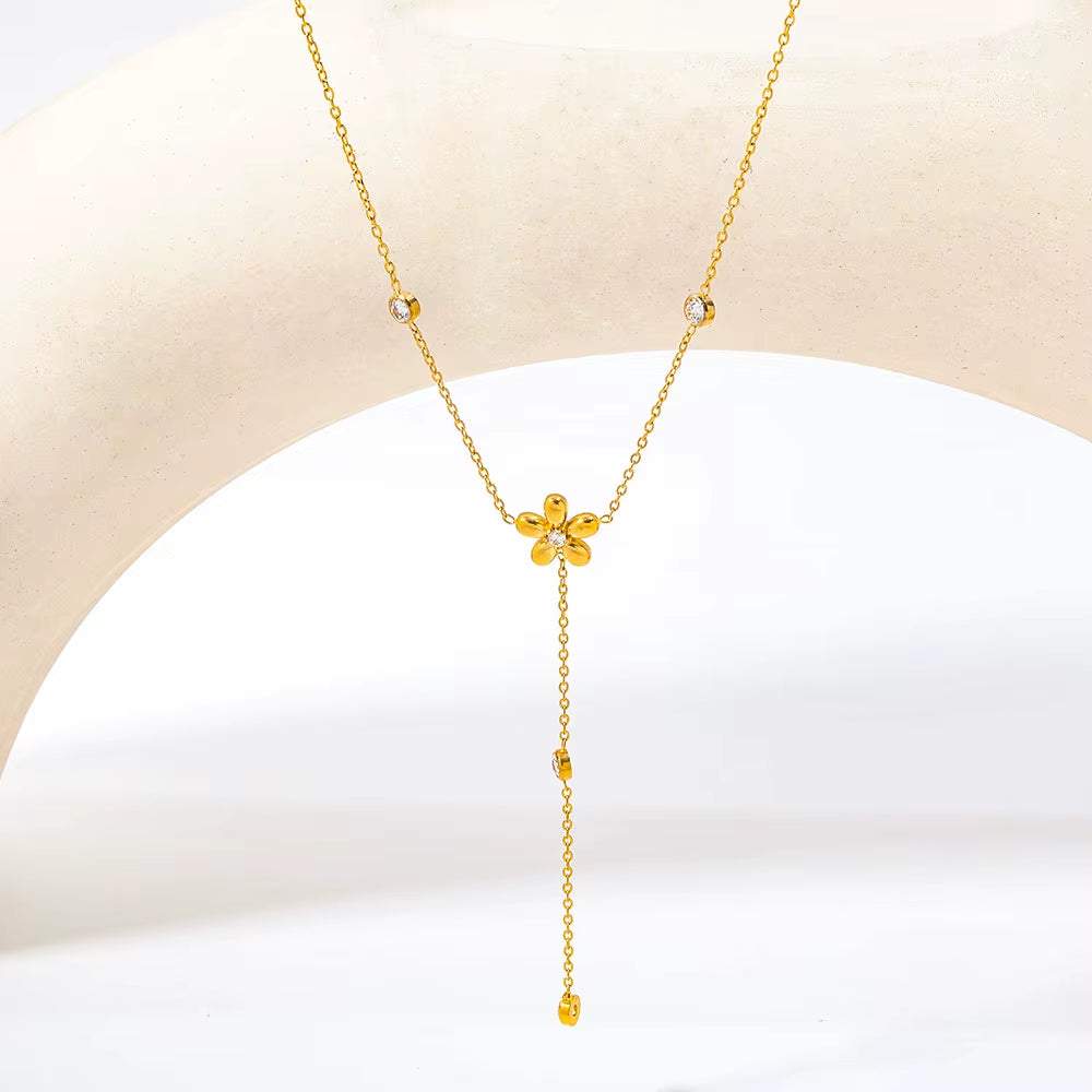 Joolim Jewelry 18K Gold Plated Waterproof Fashion Elegant Flower Zirconia Y-Shaped Chain Necklace Stainless Steel Jewelry