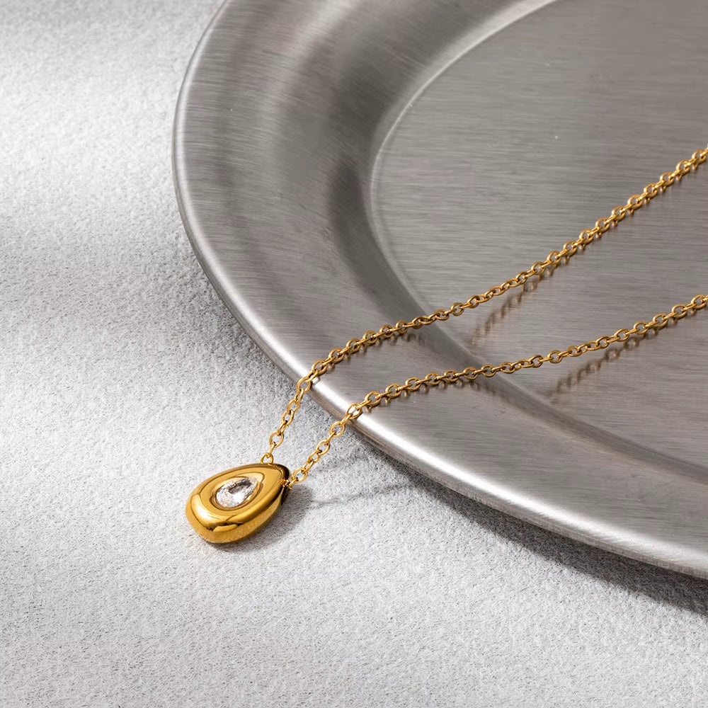 Joolim Jewelry 18K Gold Plated Waterproof Fashion Dainty Simple Teardrop Pear Zirconia Pendant Necklace Stainless Steel Jewelry