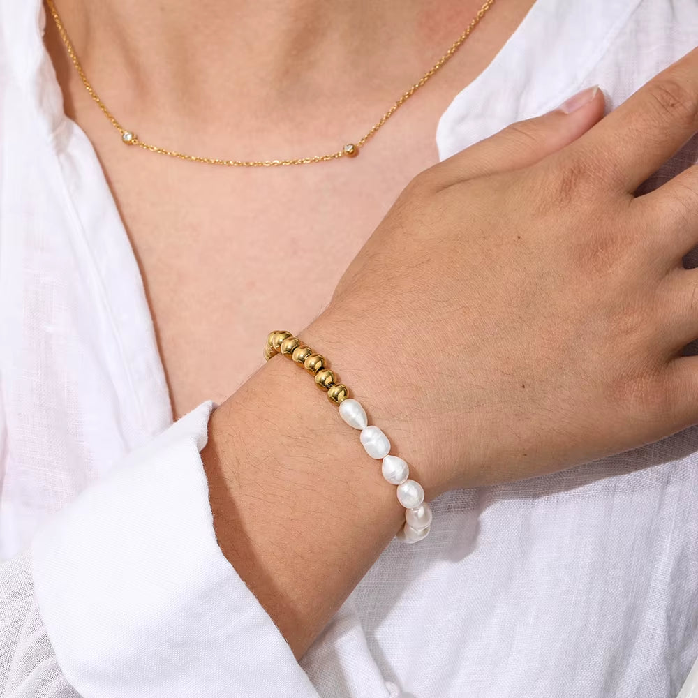 Joolim Jewelry Wholesale 18K Gold Plated High End Freshwater Pearl Bead Mixed Bracelet Stainless Steel Jewelry