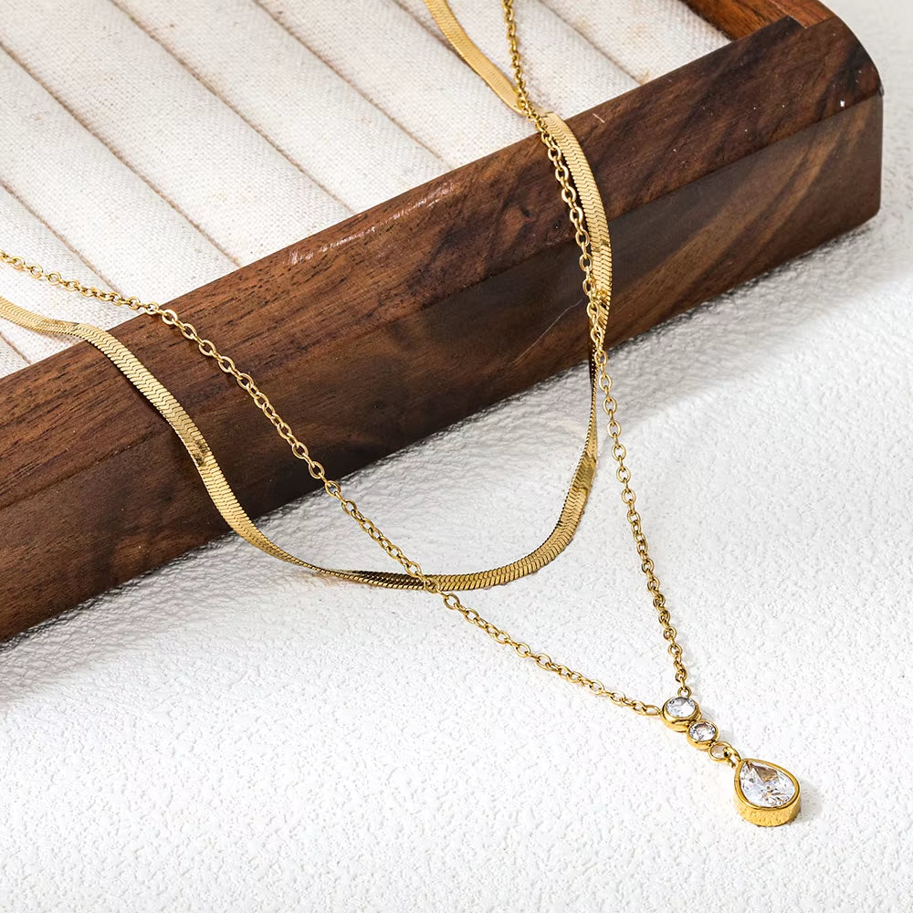 Joolim Jewelry 18K Gold Plated Waterproof Double Layer Teardrop Zirconia Pendant Snake Chain Necklace Stainless Steel Jewelry