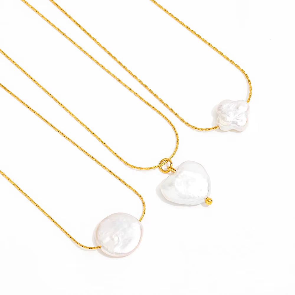 Joolim Jewelry 18K Gold Plated Fashion Natural Freshwater Pearl Four-Leaf Clover Heart round Pendant Necklace Stainless Steel