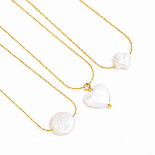 Joolim Jewelry 18K Gold Plated Fashion Natural Freshwater Pearl Four-Leaf Clover Heart round Pendant Necklace Stainless Steel
