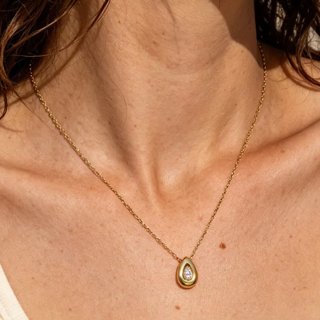 Joolim Jewelry 18K Gold Plated Waterproof Fashion Dainty Simple Teardrop Pear Zirconia Pendant Necklace Stainless Steel Jewelry
