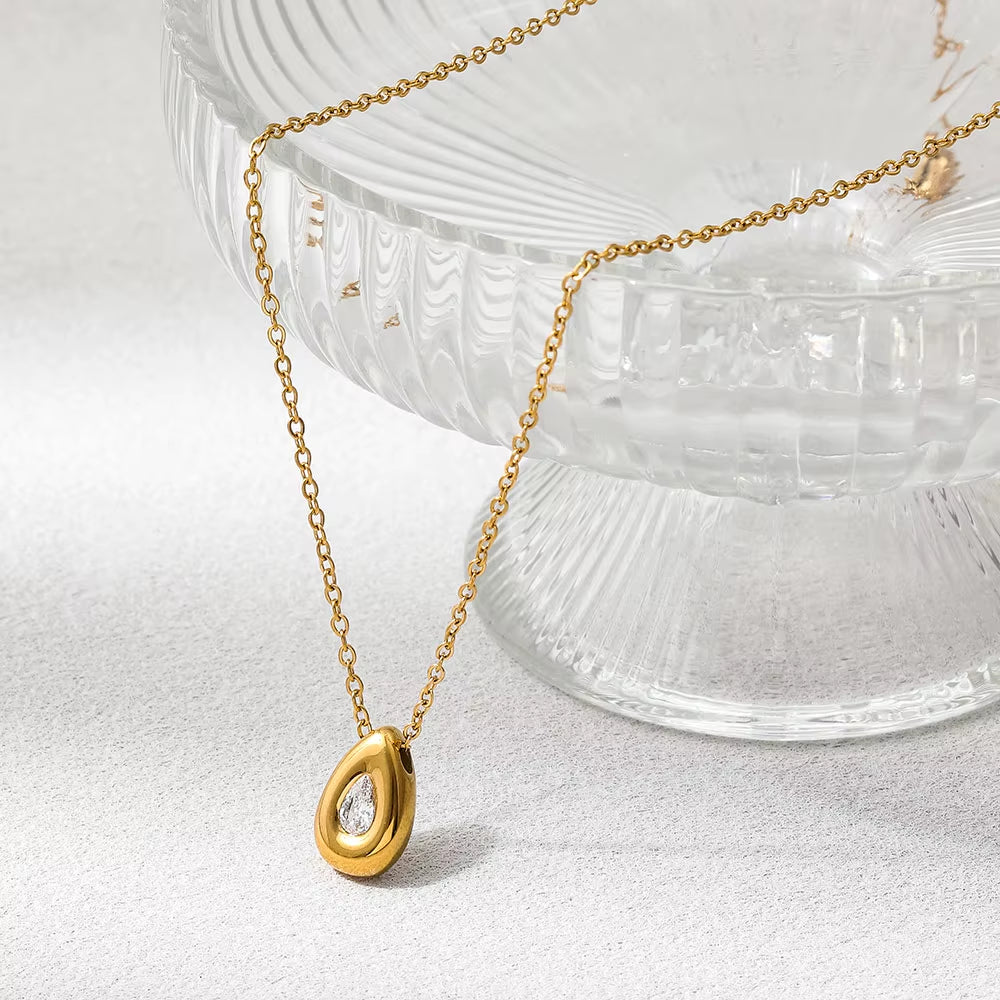 Joolim Jewelry 18K Gold Plated Waterproof Fashion Dainty Simple Teardrop Pear Zirconia Pendant Necklace Stainless Steel Jewelry