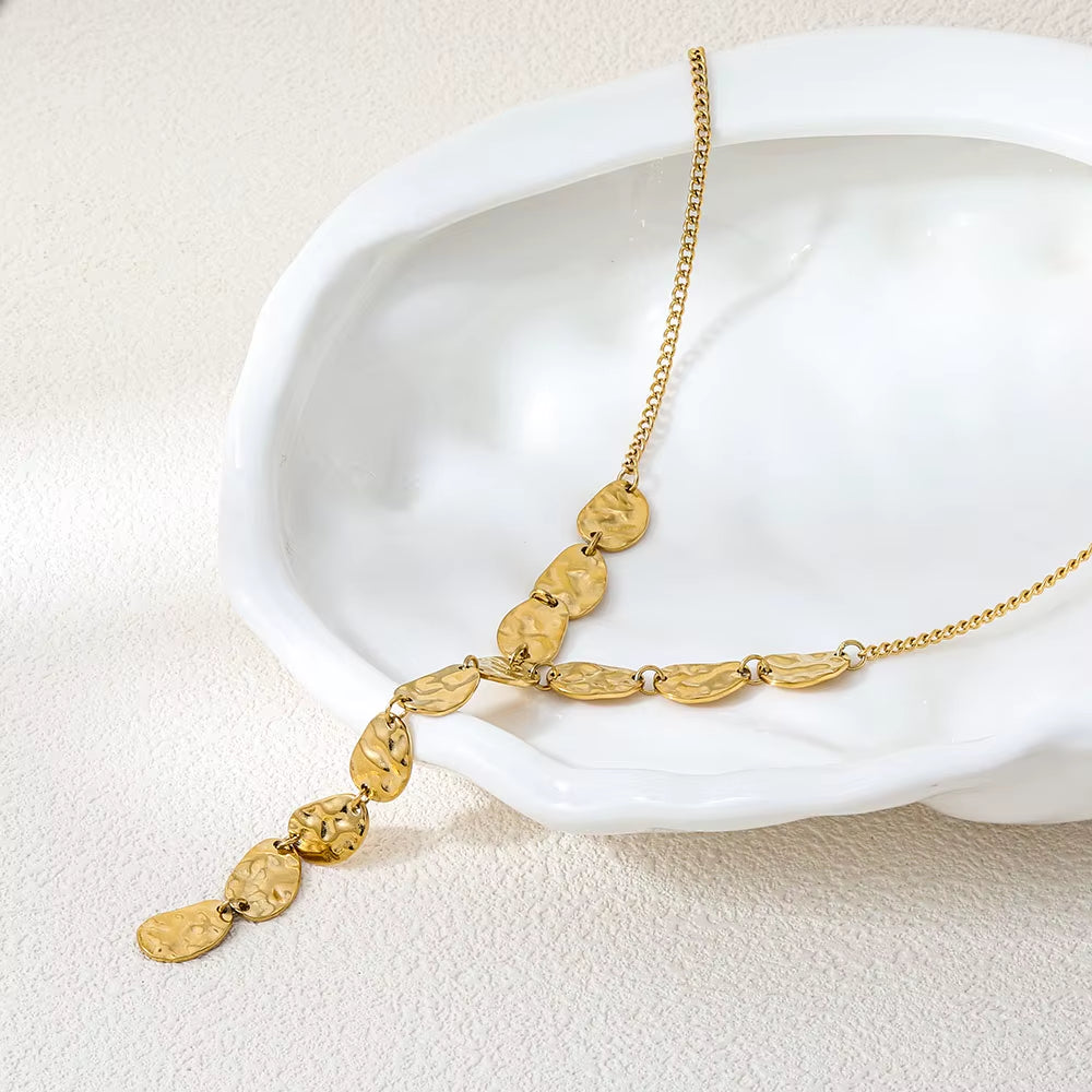 Joolim Jewelry PVD Plated Waterproof Fashion Hammered Metal Organic Shape Y Drop Pendant Necklace Stainless Steel Jewelry