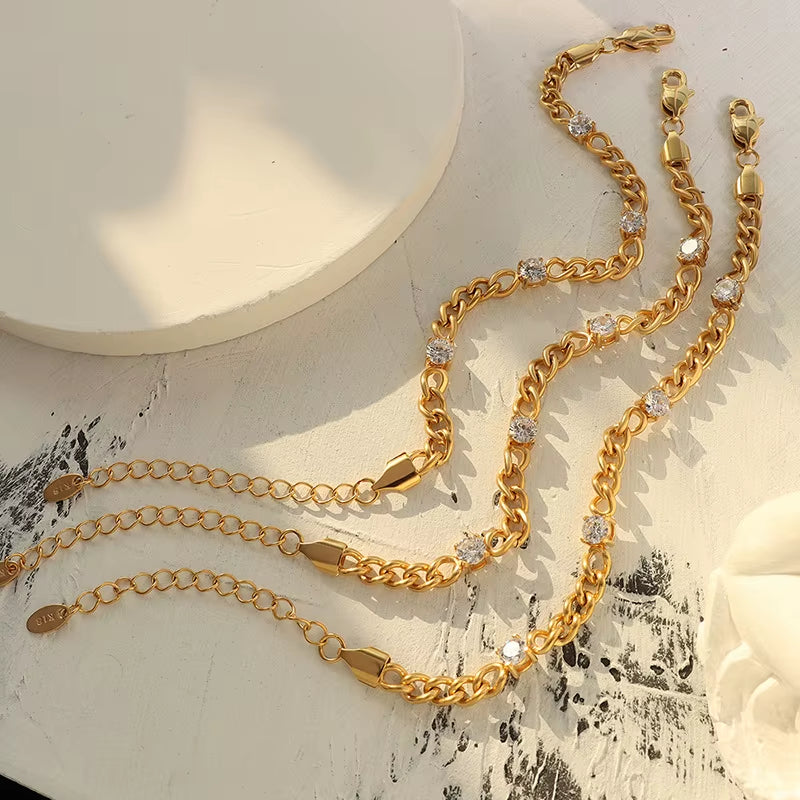 High End Gold Plated Diamond Pave Curb Stainless Steel Bracelet for Jewelry Women
