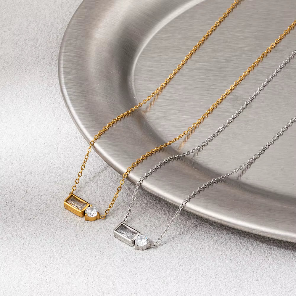 Joolim Jewelry 18K Gold Plated Waterproof Fashion Versatile Rectangle&Round Zirconia Pendant Necklace Stainless Steel Jewelry