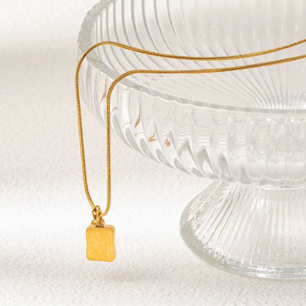 Joolim Jewelry 18K Gold Plated Vintage Rectangle Shell round Zirconia Pendant Snake Chain Necklace Stainless Steel Jewelry