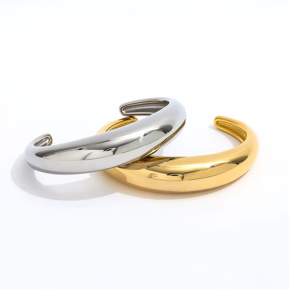 High End 18K PVD Gold Plated Tarnish Free Waterproof Crescent Moon C Cuff Chunky Bracelet Bangle Stainless Steel Jewelry