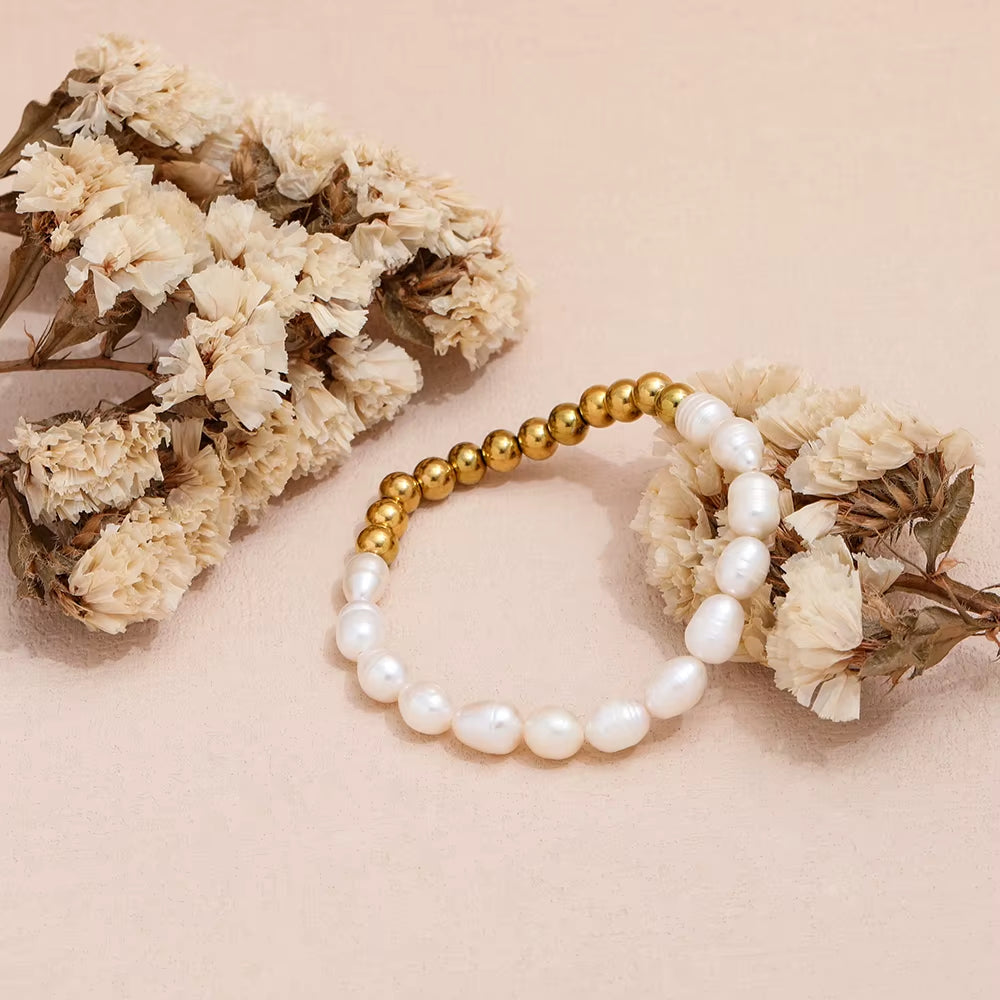 Joolim Jewelry Wholesale 18K Gold Plated High End Freshwater Pearl Bead Mixed Bracelet Stainless Steel Jewelry