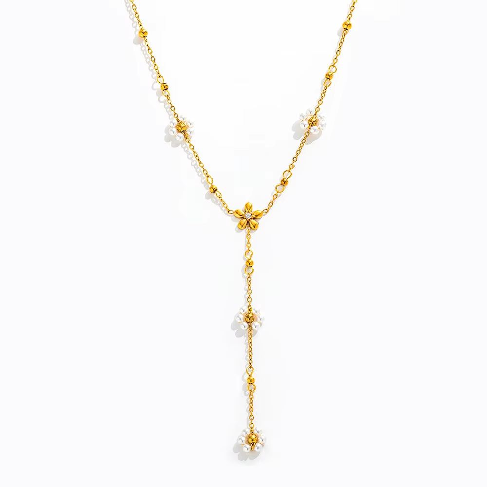 Joolim Jewelry 18K Gold Plated Waterproof Fashion Sweety Flower Pear Pendant Y-Shaped Necklace Stainless Steel Jewelry