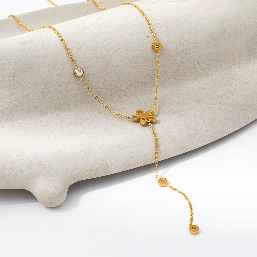 Joolim Jewelry 18K Gold Plated Waterproof Fashion Elegant Flower Zirconia Y-Shaped Chain Necklace Stainless Steel Jewelry