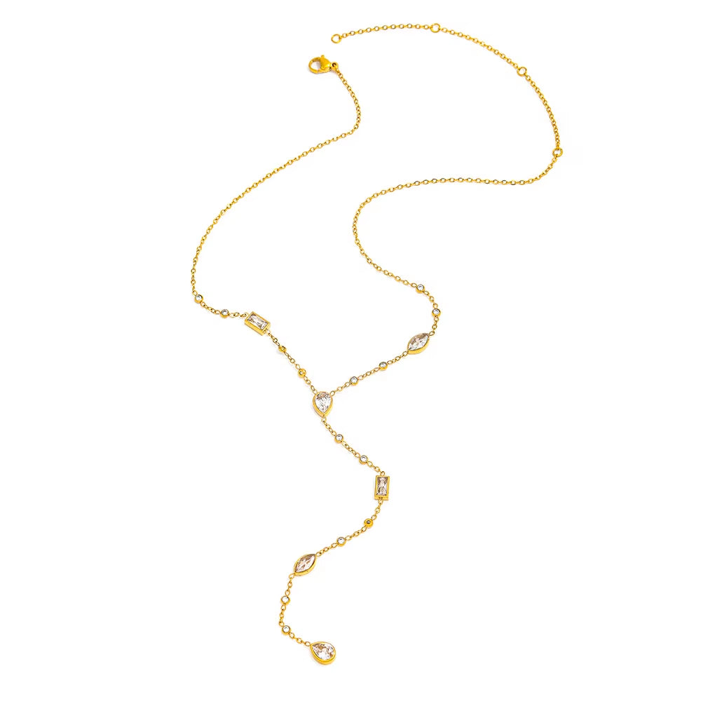 Joolim Jewelry PVD Plated Waterproof Fashion Mixed Shape Cubic Zirconia Pendant Y Drop Necklace Stainless Steel Jewelry