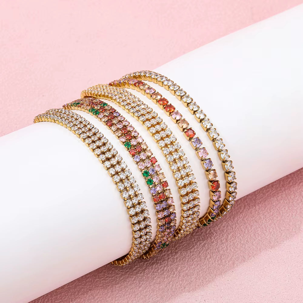 Joolim Luxury Tennis Charm Bracelet Waterproof & Tarnish-Free Colorful Zirconia Stainless Steel Fashionable Jewelry