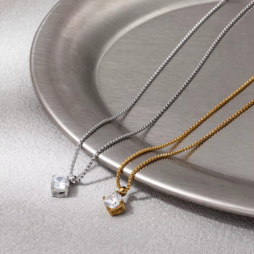 Joolim Jewelry 18K Gold Plated Waterproof Fashion Simple Classic round Zirconia Pendant Necklace Stainless Steel Jewelry