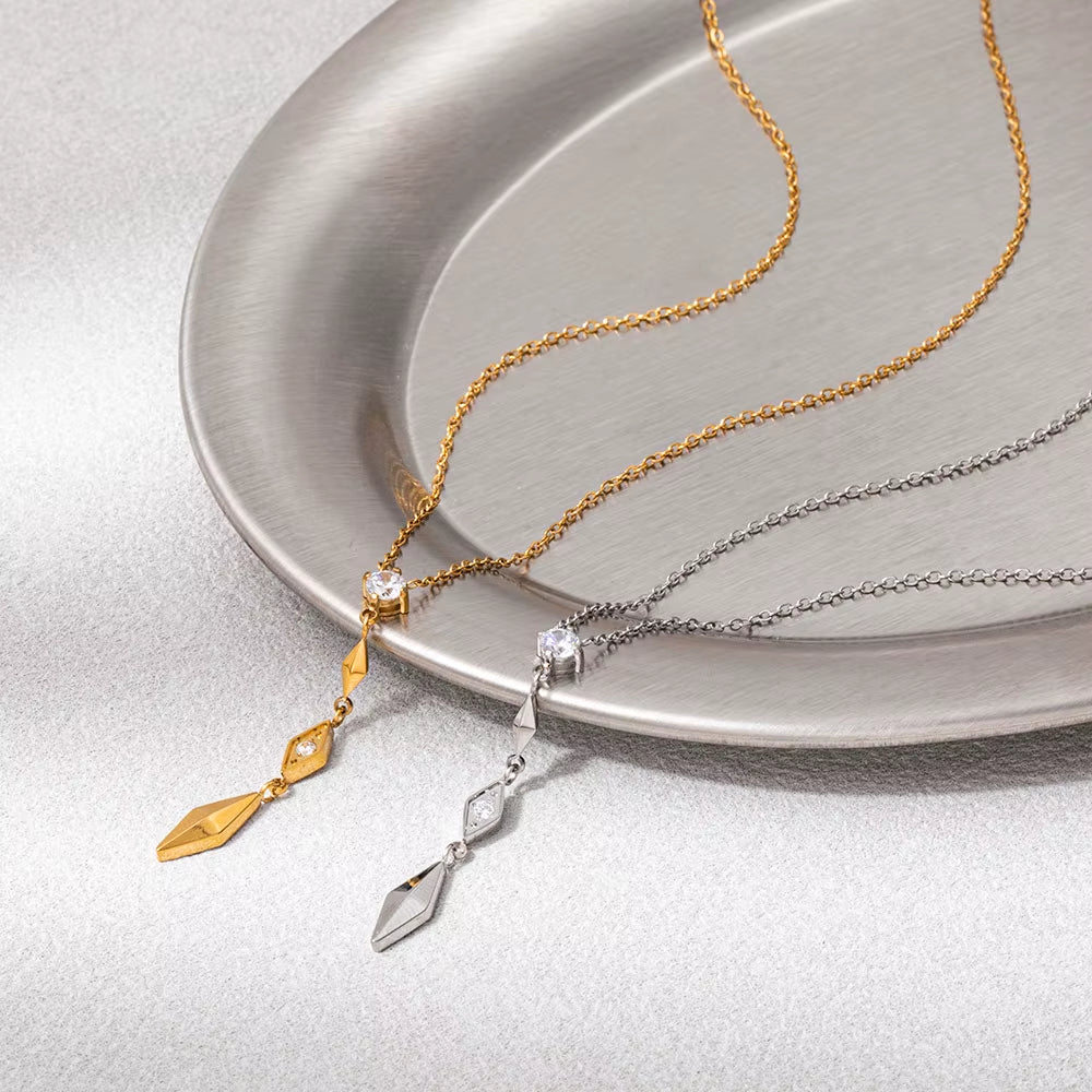 Joolim Jewelry 18K Gold Plated Waterproof Fashion Elegant Rhombus Zirconia Pendant Y-Shaped Necklace Stainless Steel Jewelry