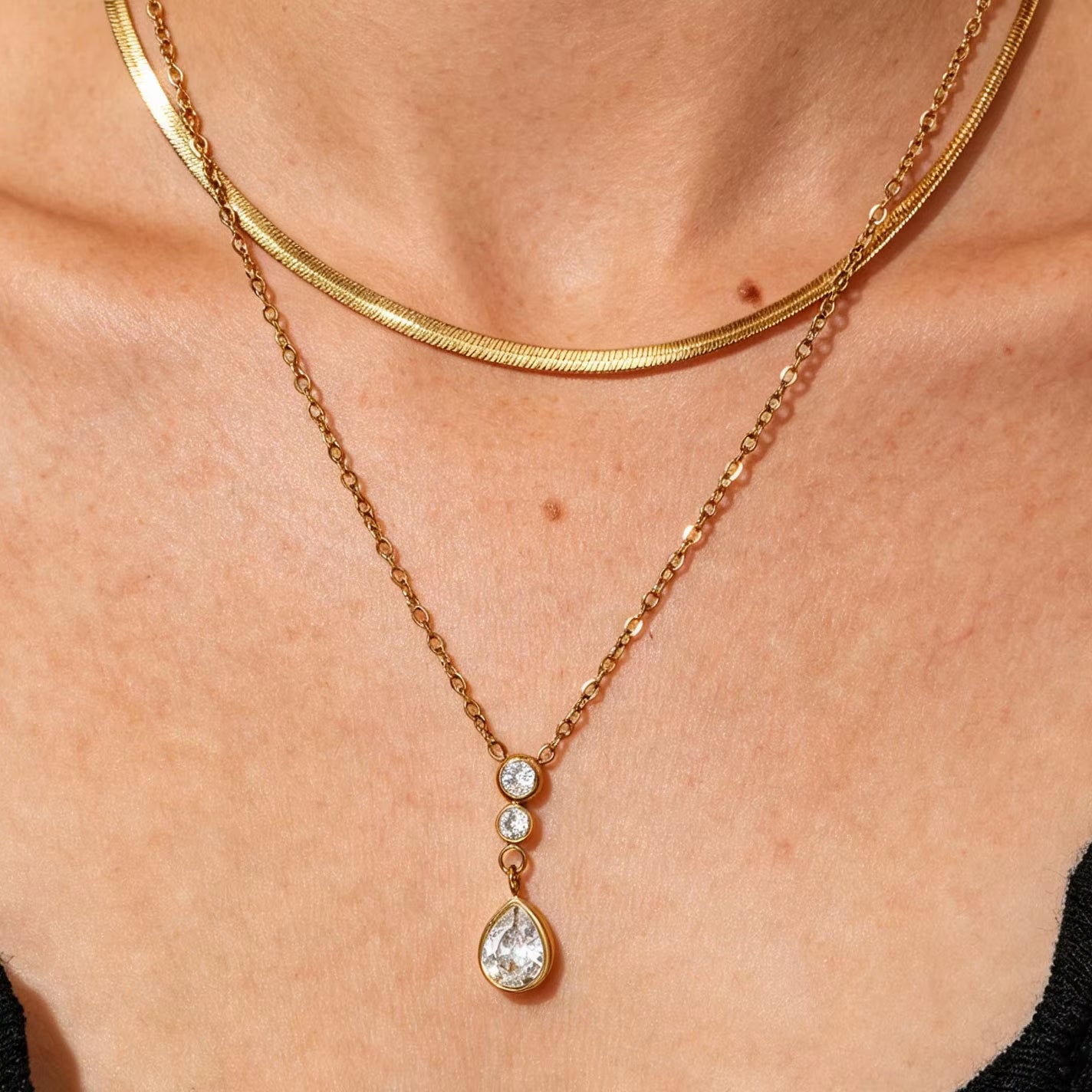Joolim Jewelry 18K Gold Plated Waterproof Double Layer Teardrop Zirconia Pendant Snake Chain Necklace Stainless Steel Jewelry
