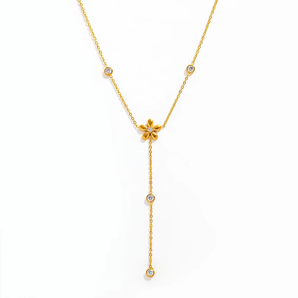 Joolim Jewelry 18K Gold Plated Waterproof Fashion Elegant Flower Zirconia Y-Shaped Chain Necklace Stainless Steel Jewelry