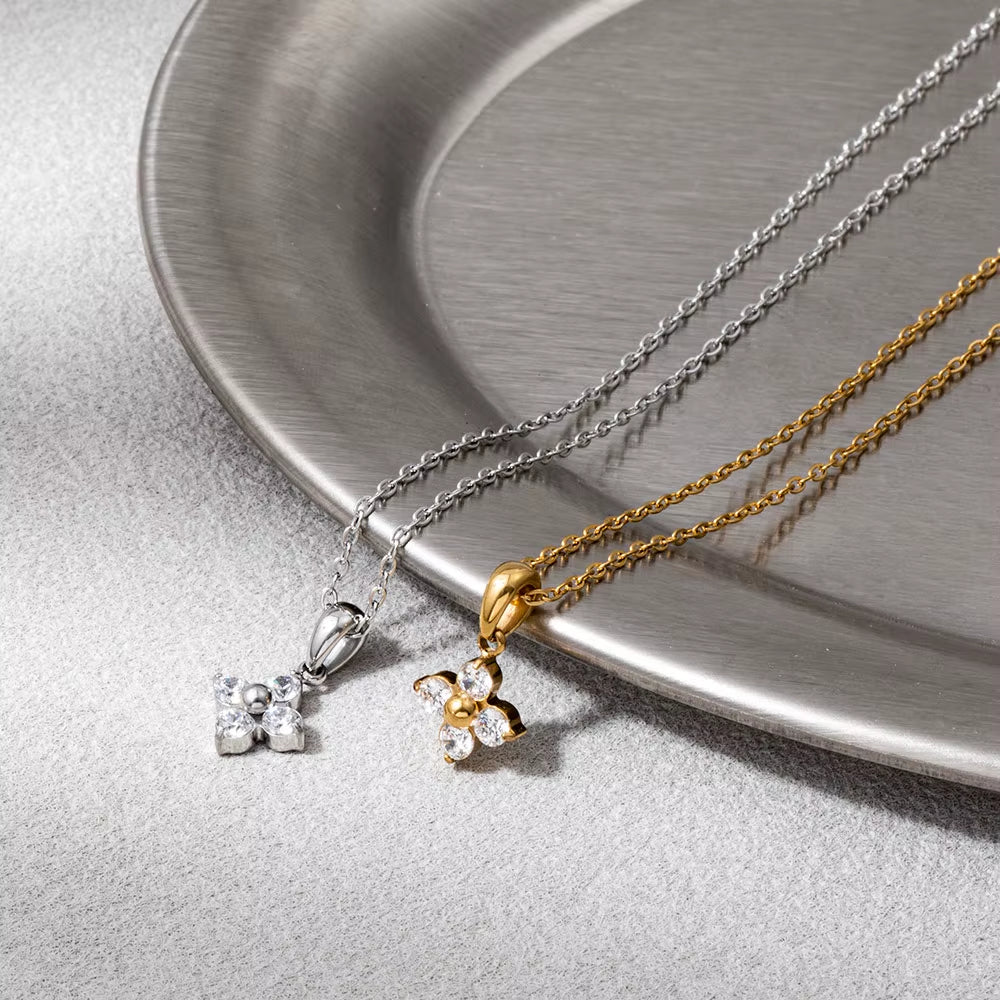 Joolim Jewelry 18K Gold Plated Waterproof Fashion Simple Sweety Flower Zirconia Pendant Necklace Stainless Steel Jewelry