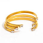 High End 18K Gold Plated Double Waterdrop Zircon Cuff Bangle Bracelet Stainless Steel Gold Jewelry