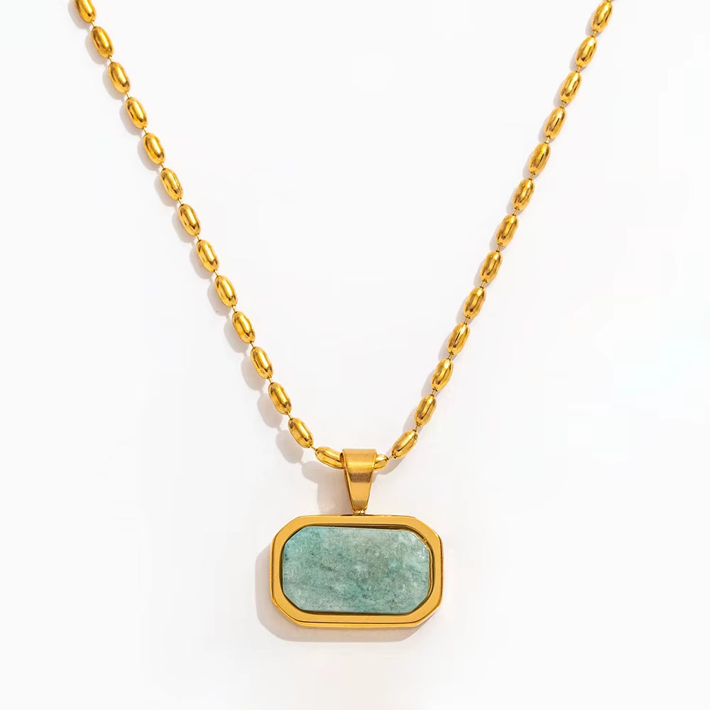 Joolim Jewelry 18K Gold Plated Waterproof Fashion Simple Green Natural Stone Pendant Necklace Stainless Steel Jewelry