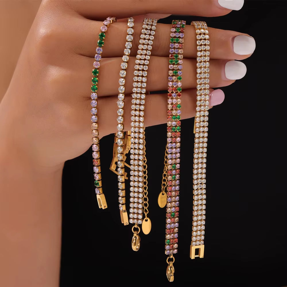Joolim Luxury Tennis Charm Bracelet Waterproof & Tarnish-Free Colorful Zirconia Stainless Steel Fashionable Jewelry