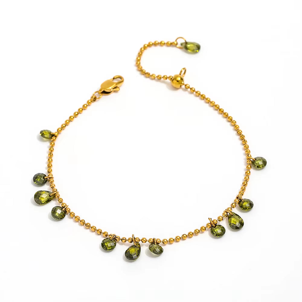 High End 18K PVD Gold Plated Water Drop Yellow Olive Green Zircon Luxury Tassel Stainless Steel Bracelet for Jewelry Women