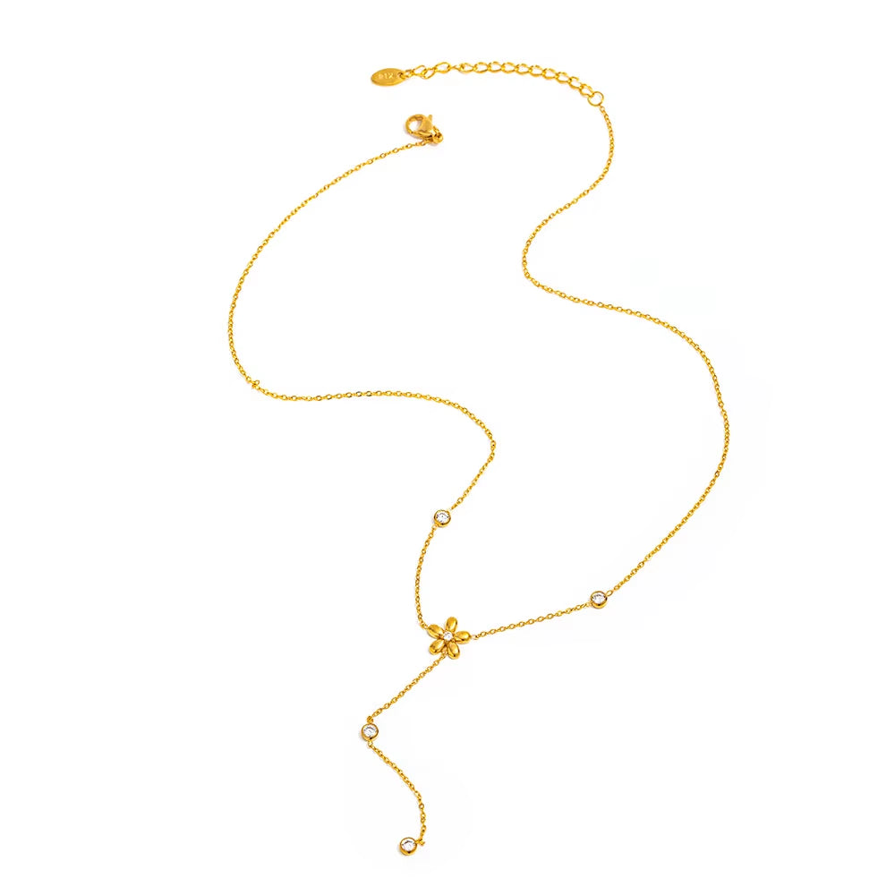 Joolim Jewelry 18K Gold Plated Waterproof Fashion Elegant Flower Zirconia Y-Shaped Chain Necklace Stainless Steel Jewelry