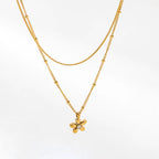 Joolim Jewelry 18K Gold Plated Fashion Double-Layer Beaded Chain Flower Zirconia Pendant Necklace Stainless Steel Jewelry