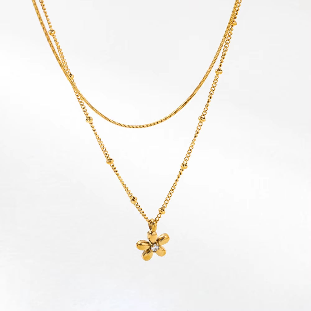 Joolim Jewelry 18K Gold Plated Fashion Double-Layer Beaded Chain Flower Zirconia Pendant Necklace Stainless Steel Jewelry