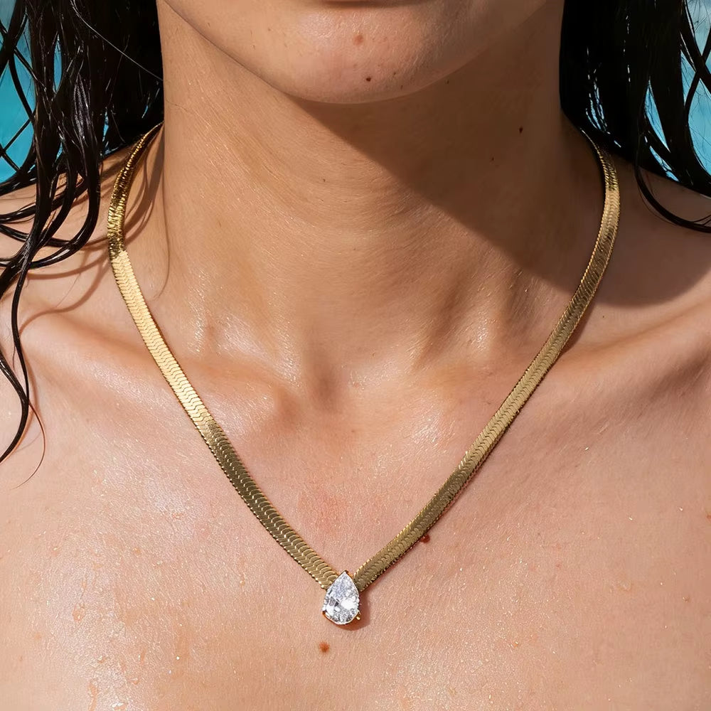 Joolim Jewelry 18K Gold Plated Waterproof Fashion Teardrop Pear Zirconia Pendant Snake Chain Necklace Stainless Steel Jewelry