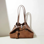 Women Vintage Suede Leather Extra Large Capacity Brown Tote Bag Tassel Accent Multiway Shoulder Crossbody Handbag