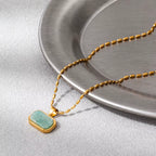 Joolim Jewelry 18K Gold Plated Waterproof Fashion Simple Green Natural Stone Pendant Necklace Stainless Steel Jewelry