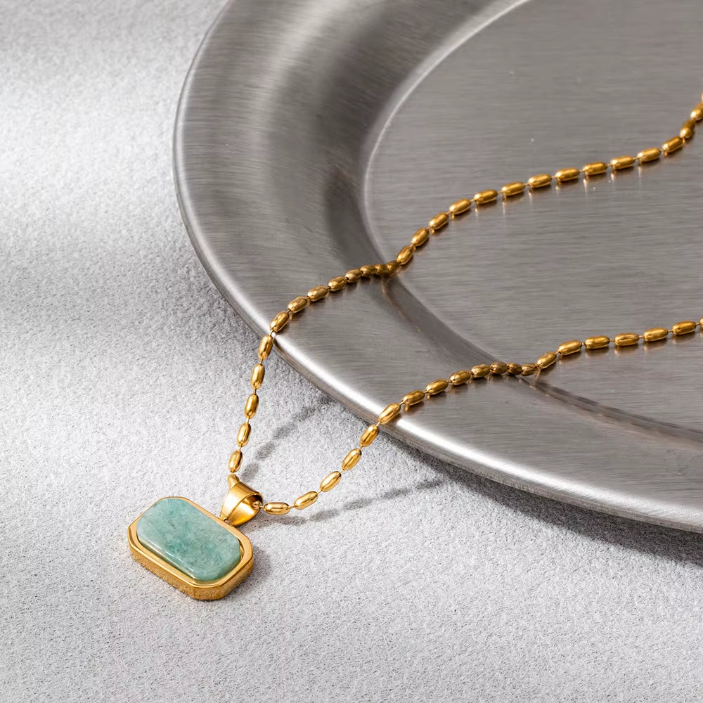 Joolim Jewelry 18K Gold Plated Waterproof Fashion Simple Green Natural Stone Pendant Necklace Stainless Steel Jewelry