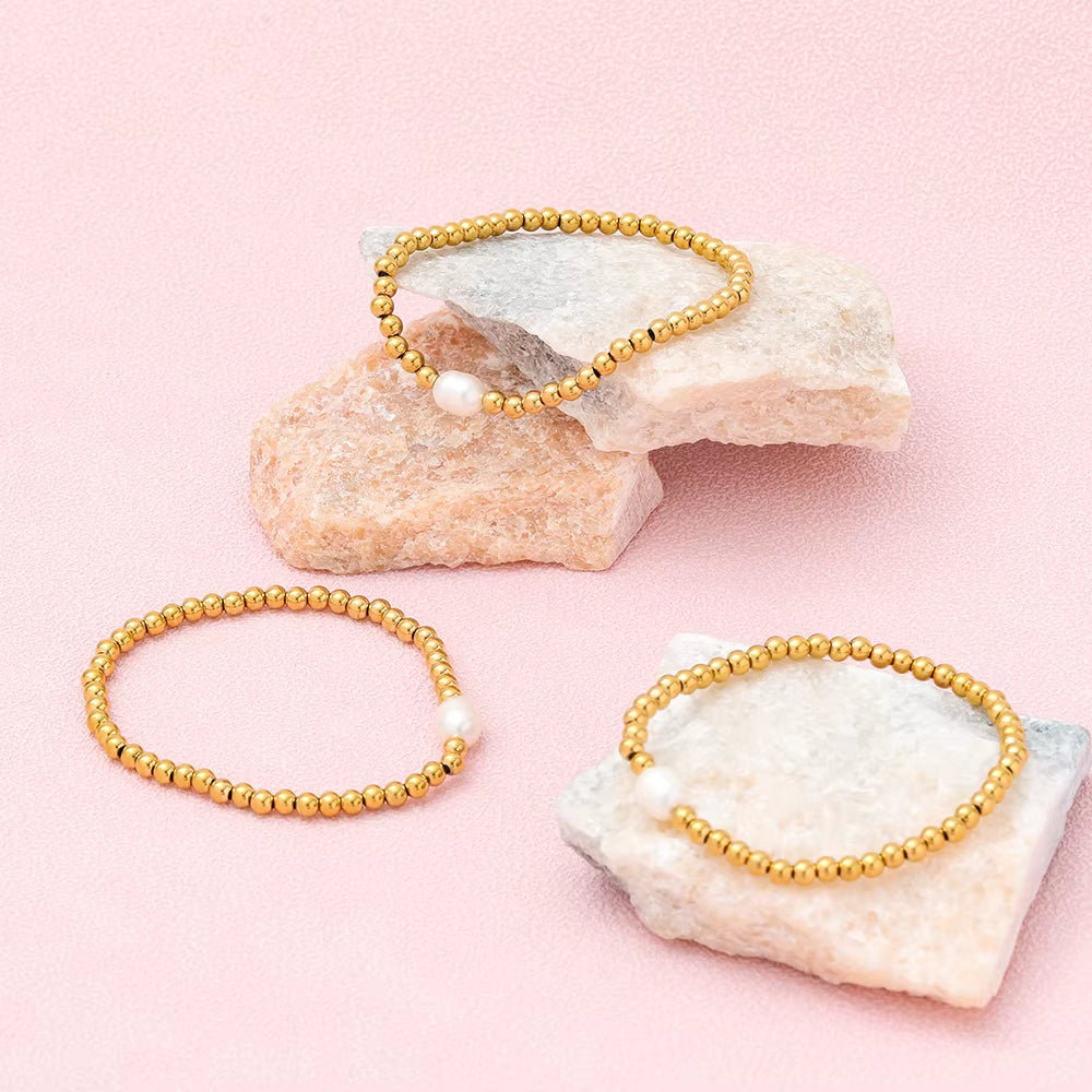 18K PVD Stainless Steel Gold Pearl Bead Bracelet Elastic Stainless Steel Gold Bracelet for Women