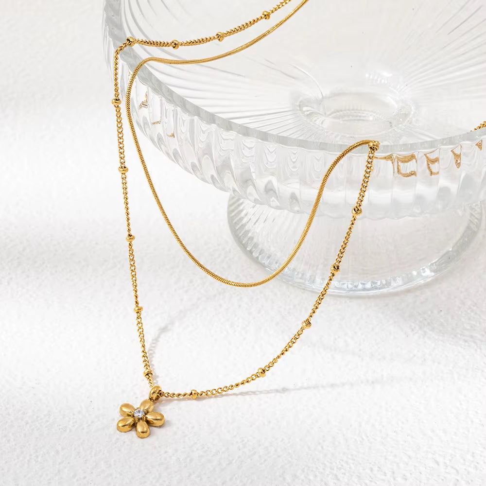 Joolim Jewelry 18K Gold Plated Fashion Double-Layer Beaded Chain Flower Zirconia Pendant Necklace Stainless Steel Jewelry