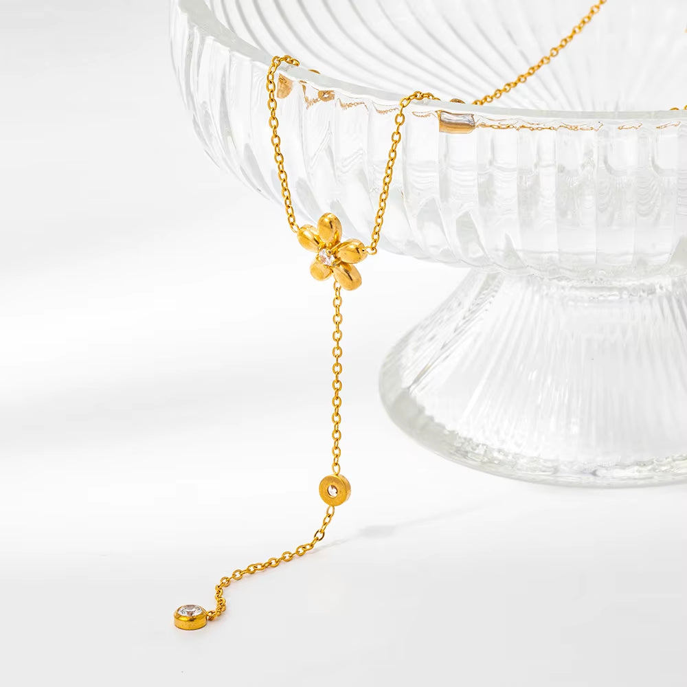 Joolim Jewelry 18K Gold Plated Waterproof Fashion Elegant Flower Zirconia Y-Shaped Chain Necklace Stainless Steel Jewelry