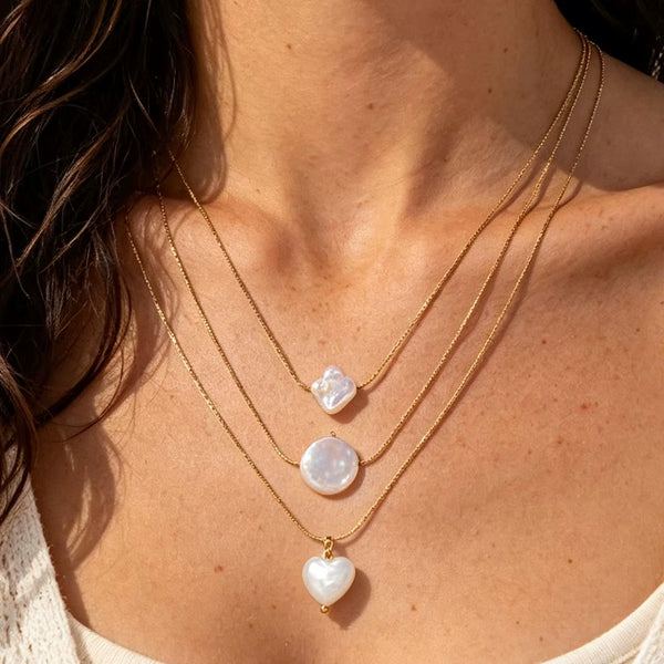 Joolim Jewelry 18K Gold Plated Fashion Natural Freshwater Pearl Four-Leaf Clover Heart round Pendant Necklace Stainless Steel